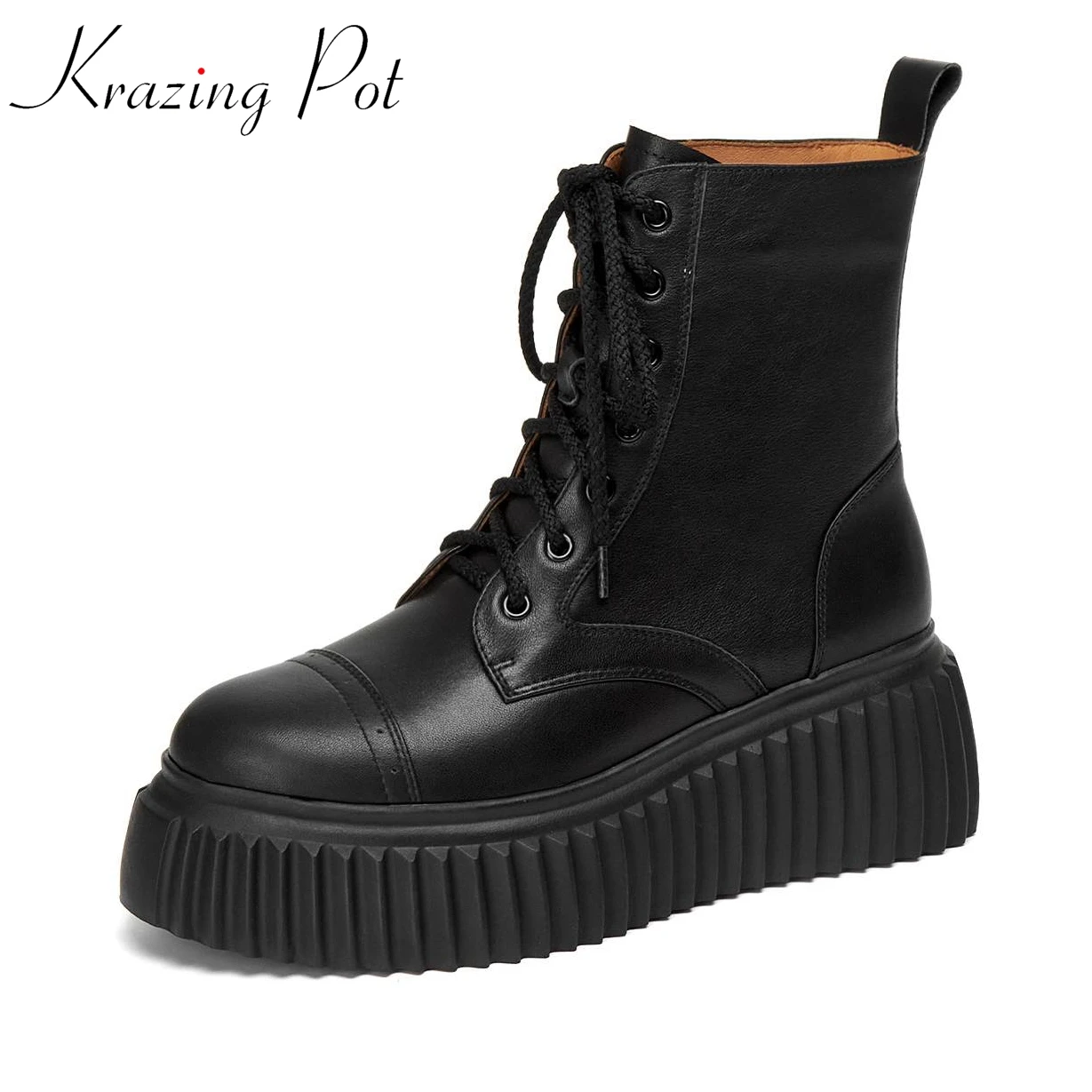 

Krazing Pot Natural Cow Leather Modern Boots Round Toe Flat Platform Winter Brand Lace Up Chic Young Lady Casual Ins Ankle Boots