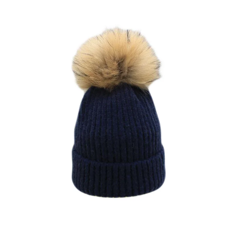 HANGYUNXUANHAO Winter Hat Women Knitted Beanie Hat Real Raccoon Fur Pompom Hat for Female Kids Warm Chunky Thick Stretchy Hat - Цвет: navy