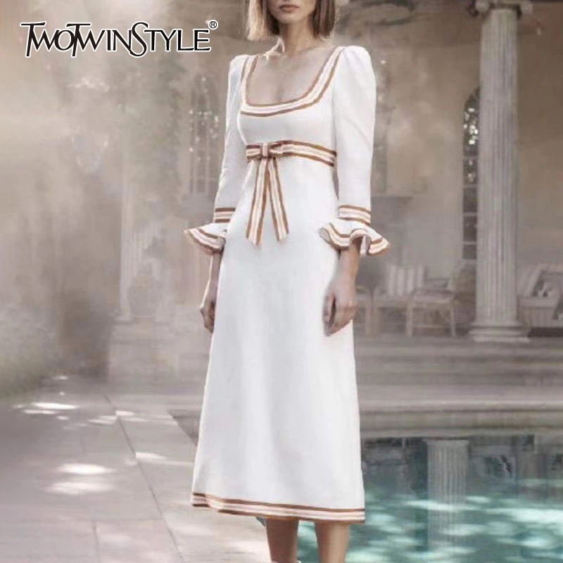 

TWOTWINSTYLE Casual Bowknot Dress For Women Square Collar Flare Sleeve High Waist A-line Summer Dresses Female 2019 New Fashion