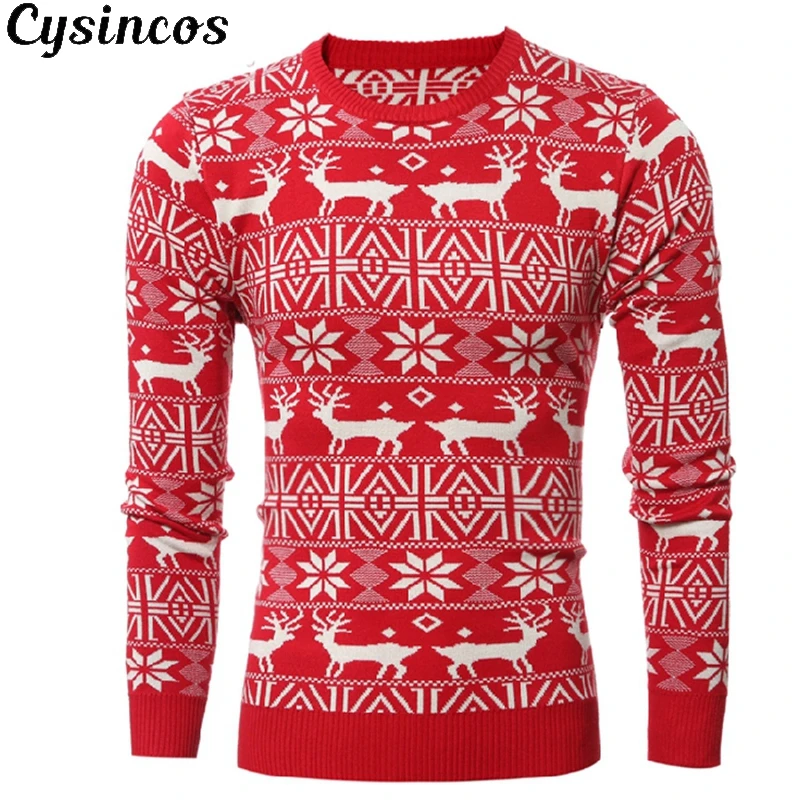 

CYSINCOS Mens Causal O Neck Sweater Deer Printed Autumn Winter Christmas Pullover Knitted Jumper Sweaters Slim Fit Male Clothes