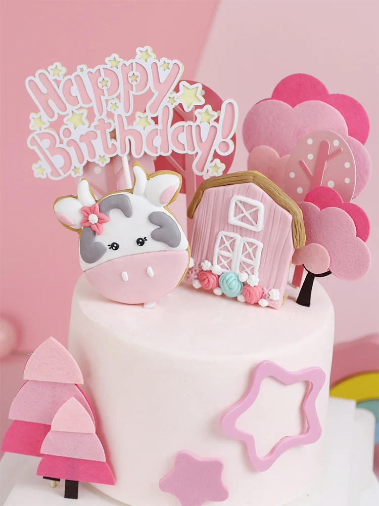 Happy Farm-Toppers de gâteau d'arbre de vache rose, fournitures de joyeux  anniversaire, beaux cadeaux, fête de la journée de l'enfant, fête de bébé