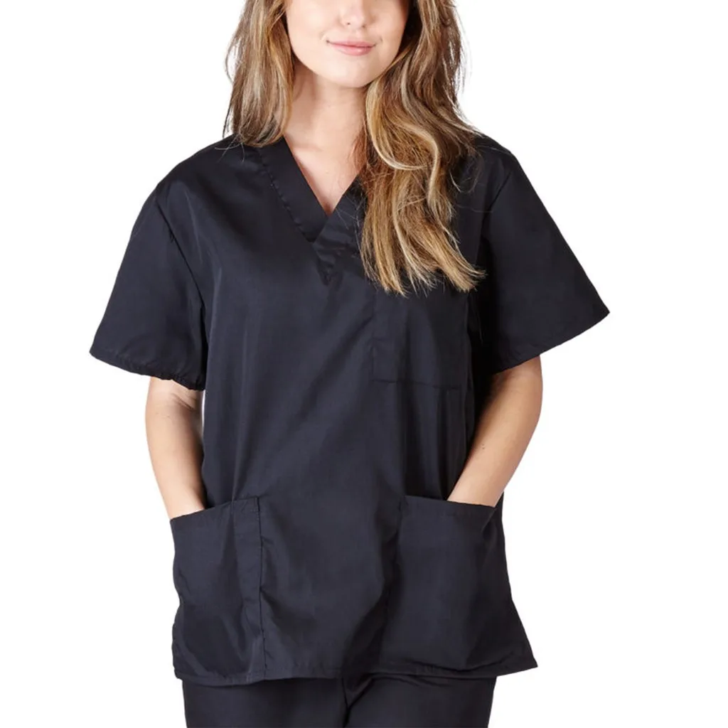 Men Women Nursing Uniform Blouse Short Sleeve V-neck Blouse Scrub Tops Pocket Loose Shirt Unisex Work Wear Uniform Blouses nurse scrubs top working uniform blouse