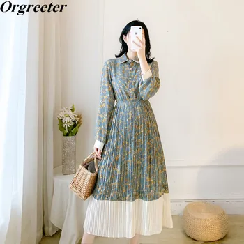 

Peter pan collr Floral Print Chiffon Dress Female 2020 Spring Fall Sweet Elastic Waist Patchwork Pleated Fairy Long Dresses