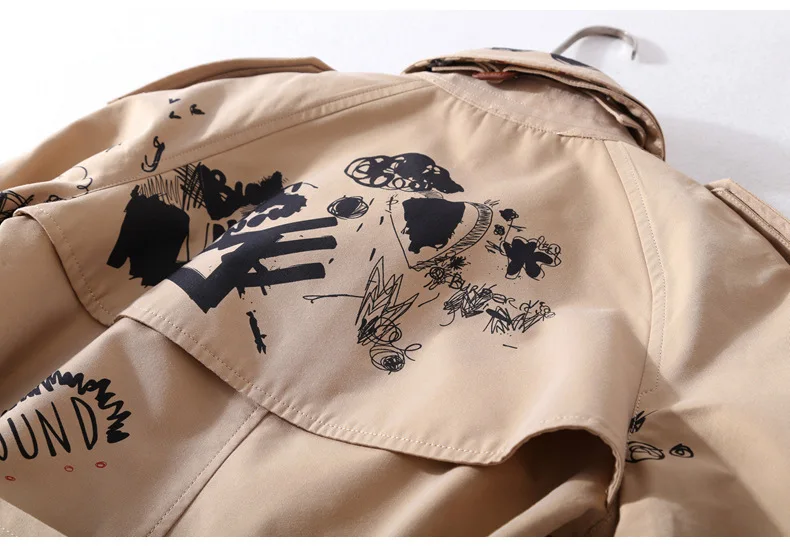 Europe And America Printed Stand Collar Joint WOMEN'S Trench Coat Autumn WOMEN'S Dress Lace-up Waist Double Row Mouth Coat