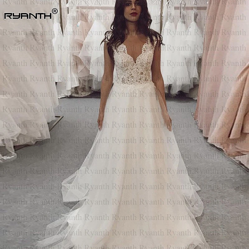 Robe de mariee сексуальное прозрачное платье с v-образным вырезом и спинкой ТРАПЕЦИЕВИДНОЕ свадебное платье в стиле бохо 2020 дешевые платья Vestido de
