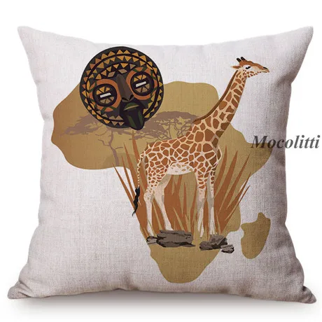Africa Map Design Home Decor Sofa Throw Pillow Case African Nation Features Mask Wild Animals Style Cotton Linen Cushion Cover M161-4