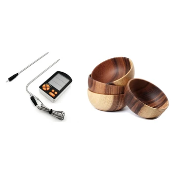 

1set Kitchen Thermometer Set,Meat Thermometer Instant Read Digital & 4x Acacia Wooden Salad Bowl 6.3Inches