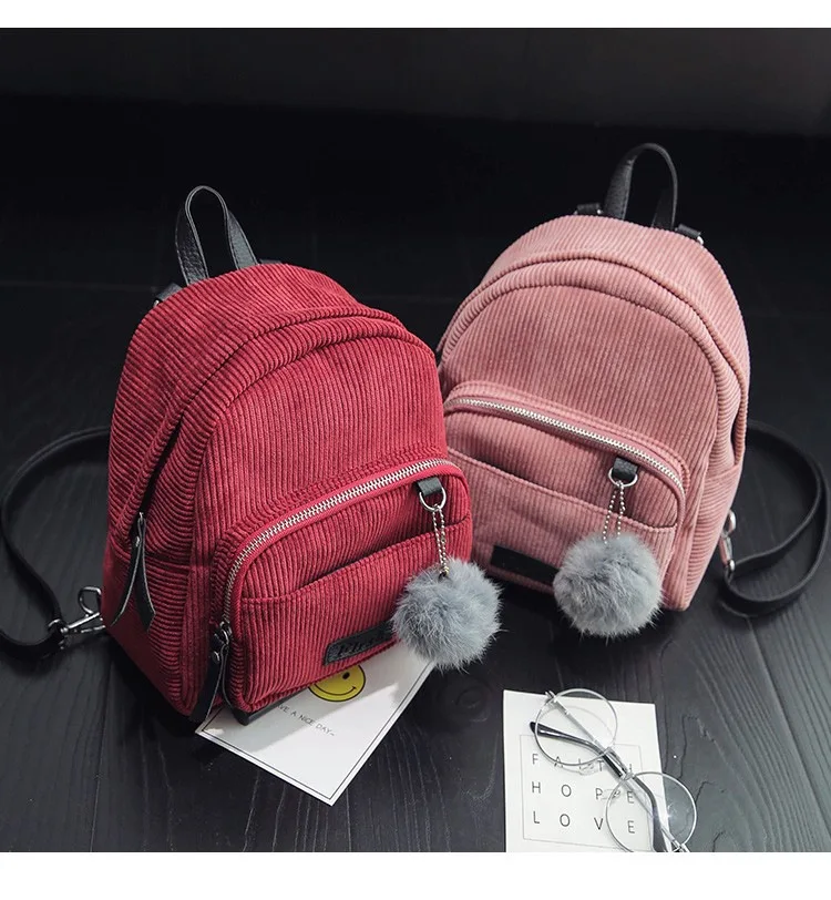 Mini Women Backpacks Solid Fashion School Bag For Teenage Girls Fur Ball Solid Corduroy Rucksack Candy Color Travel Bags Mochila stylish backpack purse