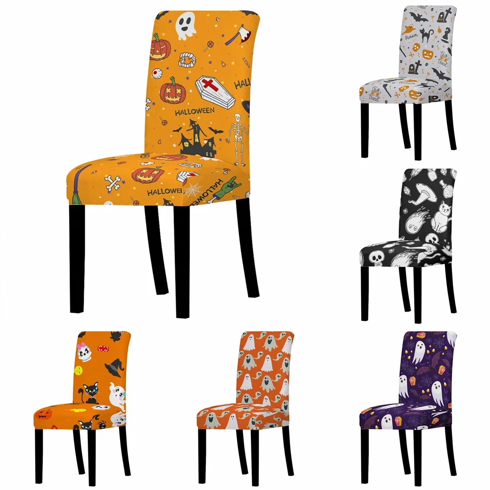 Halloween Elastic Chair Cover For Dining Room Decor Ghost Pumpkin Office Case Skeleton Black Cat Stretch Slipcovers | Дом и сад