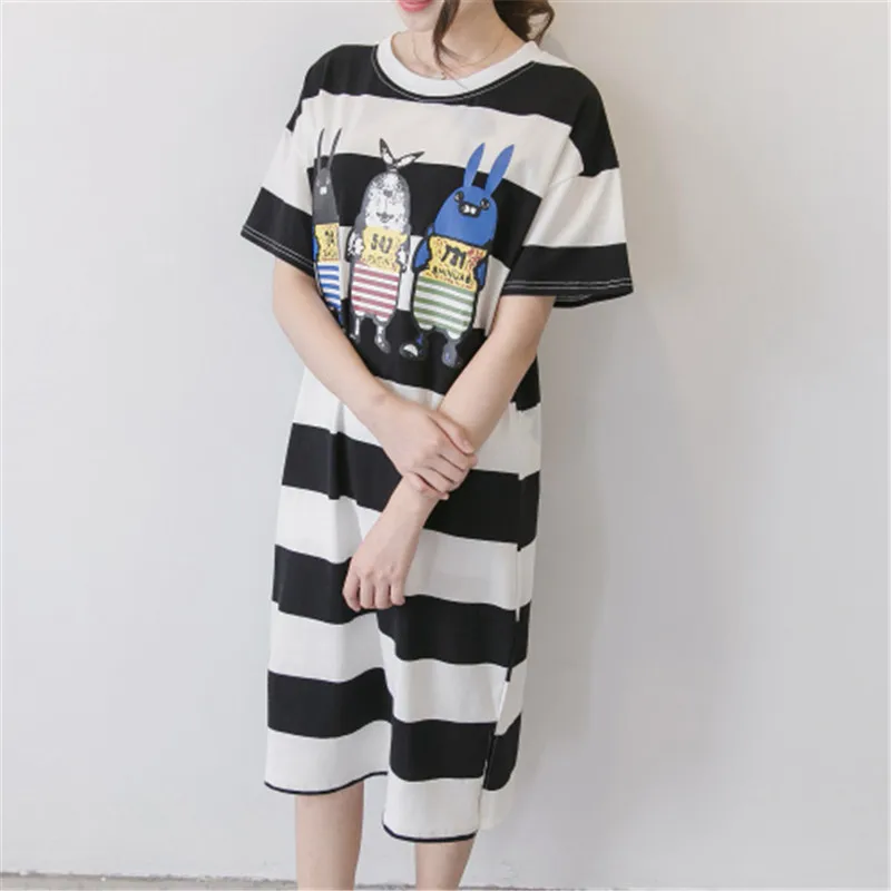 

8966 Postpartum Lactation Garment Nursing Summer Wear Long Stripe Short Sleeve Spring Clothing Nursing Dress T-shirt Dress Feedi