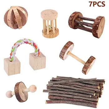 

Hamster Chew Toys, 7 Pack Natural Wooden Pine Guinea Pigs Rats Chinchillas Toys Accessories Dumbells Exercise Bell Roller Tee