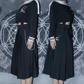 

Japanese Harajuku Pocket Belt Chain Gothic Punk Pleated Skirt & Sailor Tops