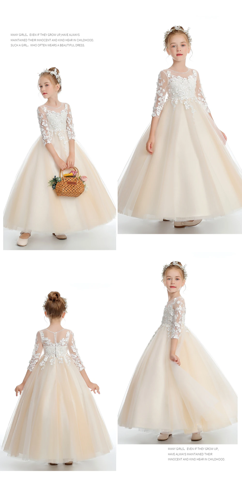 Puffy Tulle Appliques Baby Ball Gown Flower Girl Dresses Long Sleeve Princess Dress Wedding Party Dress First Communion