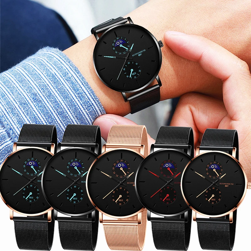 

New Men's Watch Luxury Quartz Alloy Mesh Multicolor Pointer Mysterious Black Male Business Simple Clock relogio masculino