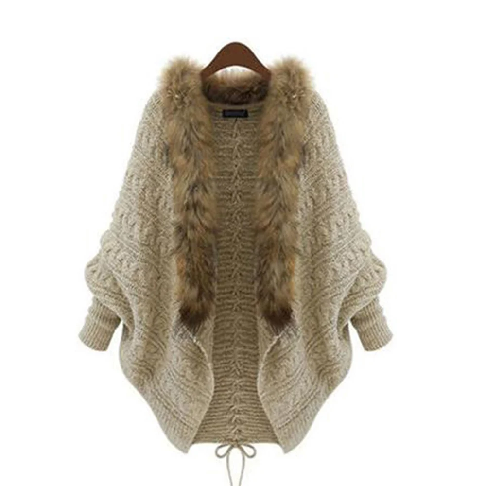

2020 Women Knitted Sweater Cape Coat Winter Cardigan Fake Fur Collar Warm Gothic Knitwear Tops Vogue Batwing Sleeve Outerwear