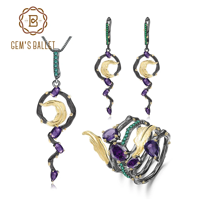 

GEM'S BALLET 925 Sterling Silver 2.76Ct Natural Amethyst Jewelry Handmade Vintage Spiral Crescent For Women Fine Jewelry Set