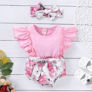 

Newborn Baby Girls Ruffle Floral Bodysuit Headband Sunsuit Outfits Summer Pachwork Baby Bodysuits Babygrow Infant Girls Clothes