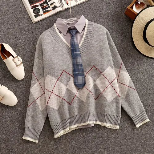 grey Новая осенняя и зимняя женская рубашка с бантом+ Свободный вязаный свитер с v-образным вырезом из двух частей для студентов, Свободный Трикотаж - Цвет: grey