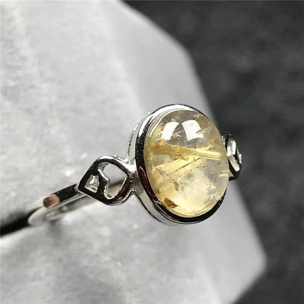 Natural Gold Rutilated Ring For Woman Lady Man Crystal 10x8mm Beads Silver Quartz Gemstone Adjustable Size Jewelry AAAAA | Украшения и