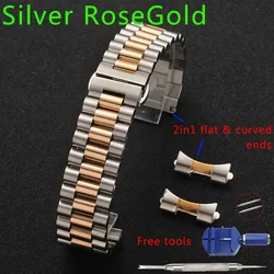 Premium Solid Stainless Steel Watch Band Replacement Strap with 3 - Row Design and Tool Kit - 22mm (Silver Rosegold)