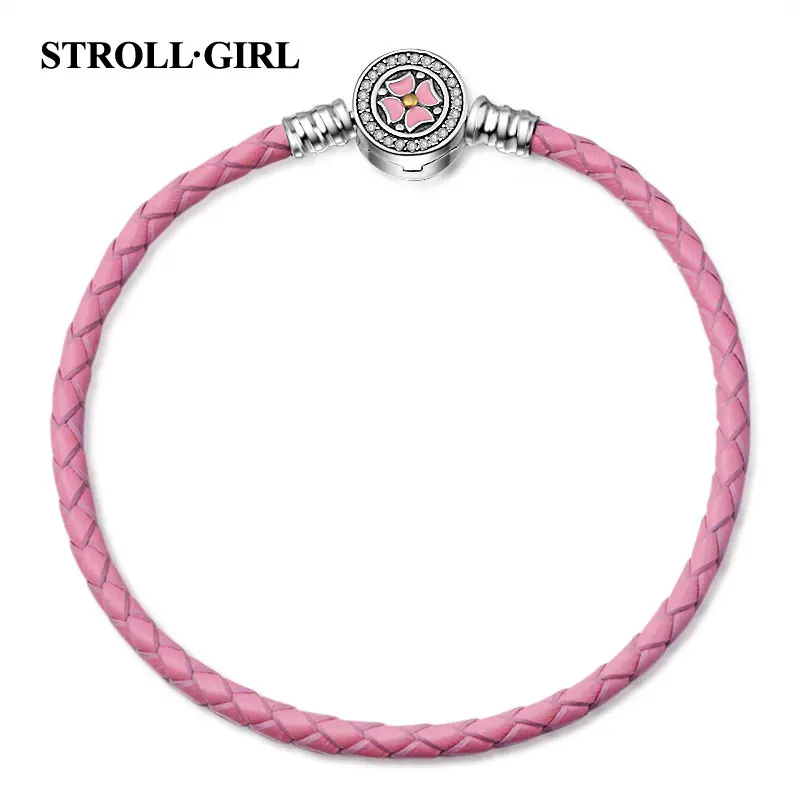 Stellgirl 925 серебро розовый плетеный Канат эмаль кожаный браслет цепочка Снейк для