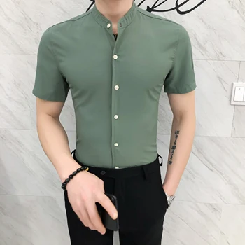

2020 Casual Slim Shirt Men Short Sleeve Solid Color Dress Shirt Streetwear Social Nightclub Party Clothes Blusa Camisa Masculina