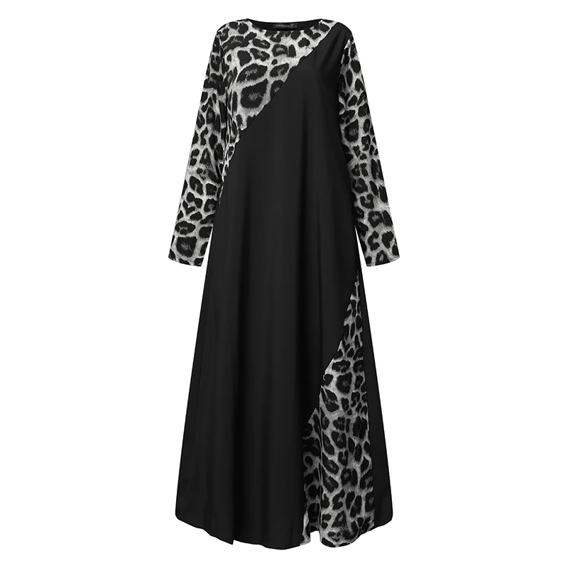 Celmia Dress Fashion Kaftan Patchwork Leopard Maxi Long Dress Women Vintage Dress Long Sleeve Casual Loose Vestidos Party Robe