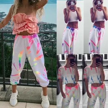 

Goocheer Fashion Women Reflective Pants Elegant High Waist Loose Fitness Workout Joggers Trousers Baggy Harem Pants Streetwear