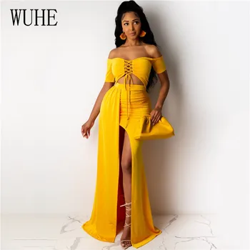 

WUHE Off Shoulder Sexy Lace Up 2 Pieces Set Long Dress Strapless Hollow Out High Split Maxi Dress Summer Beach Boho Party Wear