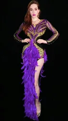 Purple Gold Rhinestone Feather Backless Latin Drama Opera Special Occasion Transparent  Women Evening Dress Celebrate Prom Dress