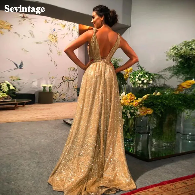 Sevintage Champagne Glitter Tulle Prom Dress Cheap Backless Long Evening Gowns Women Speical Occason Dresses Party 2021 | Свадьбы и
