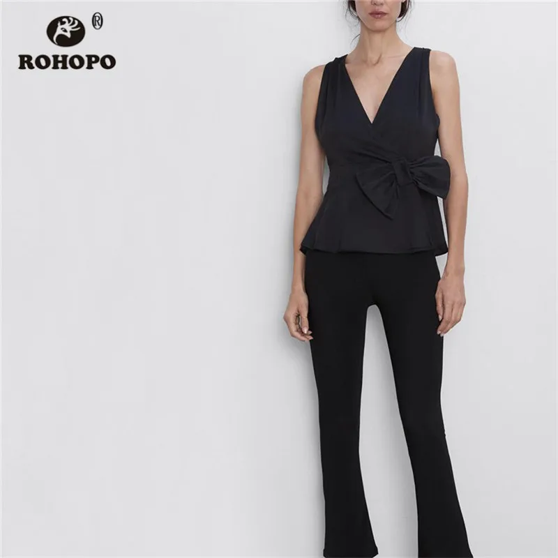

ROHOPO Sleeveless Stain Wrap Bow Waist Black Blouse Ruffled V Collar Ladies Solid Top Chic Shirt #2417