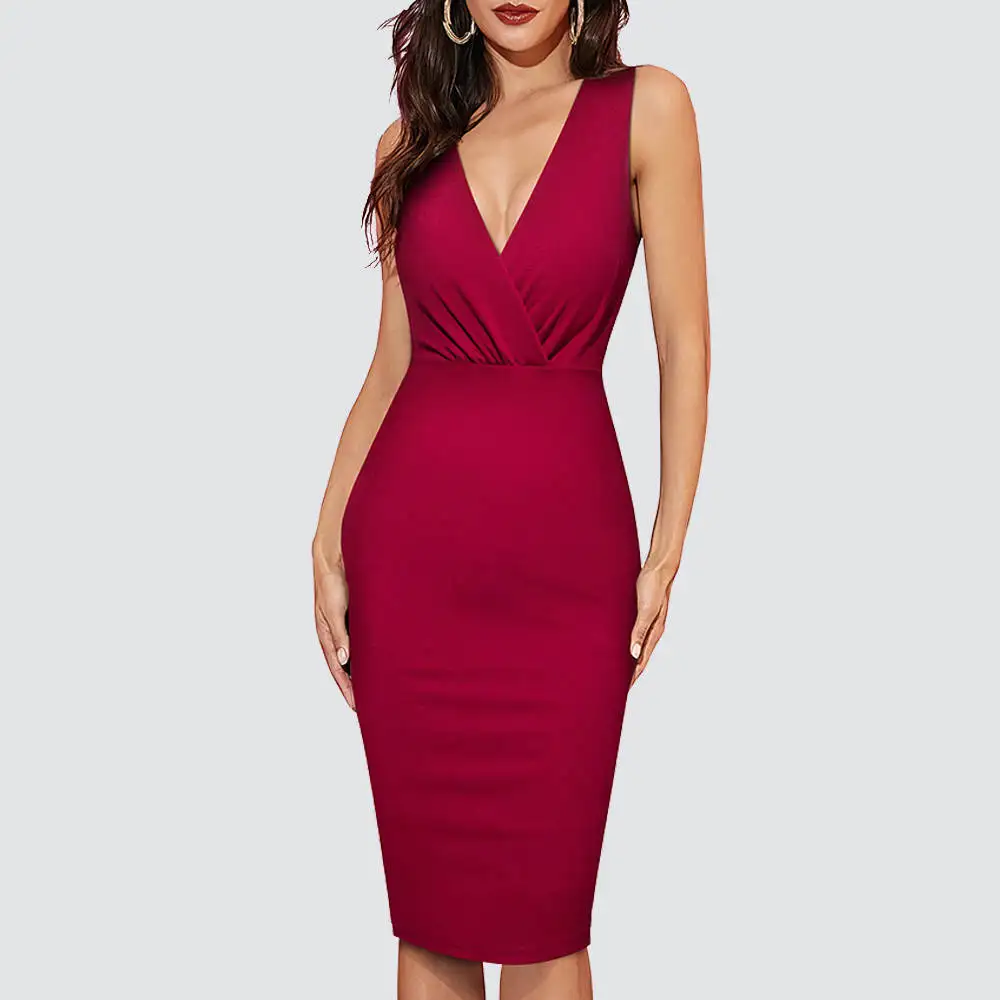 Abito A Matita Sottile Da Donna Elegante Elegante Con Scollo A Barchetta Sul Retro Senza Maniche Hb668