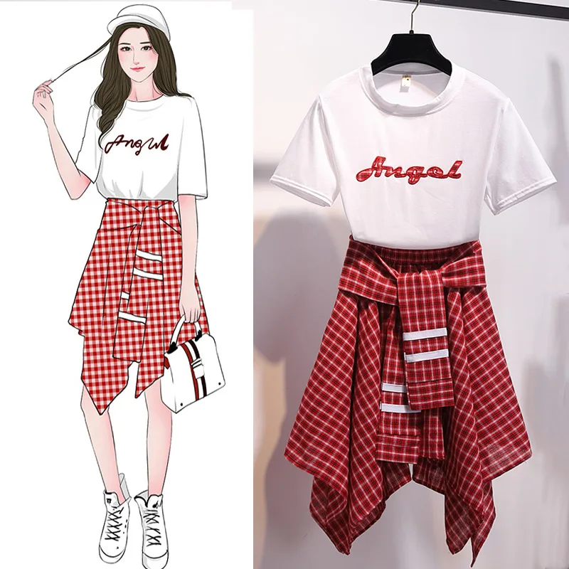 

Fashion Dress Outfit Women's 2019 Korean-style New Style Slimming Short Sleeve T-shirt Irregular Skirt Two-Piece Set Fashion