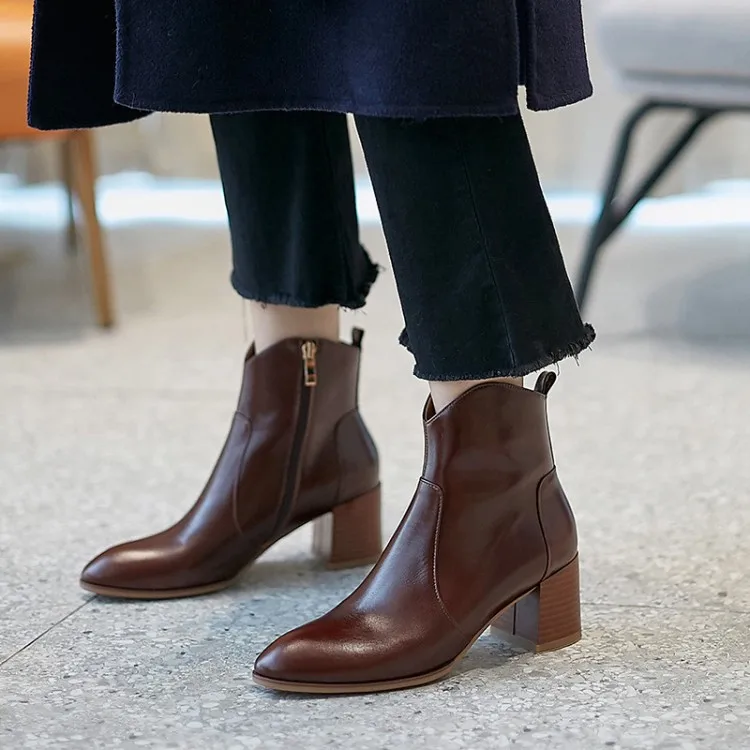 

MLJUESE 2020 women ankle boots cow leather zippers brown color vintage high heels winter short plush women boots party dress