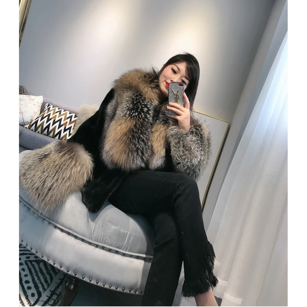 

2019 Women's Fox Fur Coat Luxury Short Style Black Mink Fur Jacket Super Big Silver Fox Fur Collar & Cuffs Thicken Warm Jacket