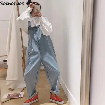 

Jumpsuits Women Long Denim Harajuku Kawaii Wide-leg Buttons Students All-match Ulzzang Stylish Loose Casual Trousers Pockets New