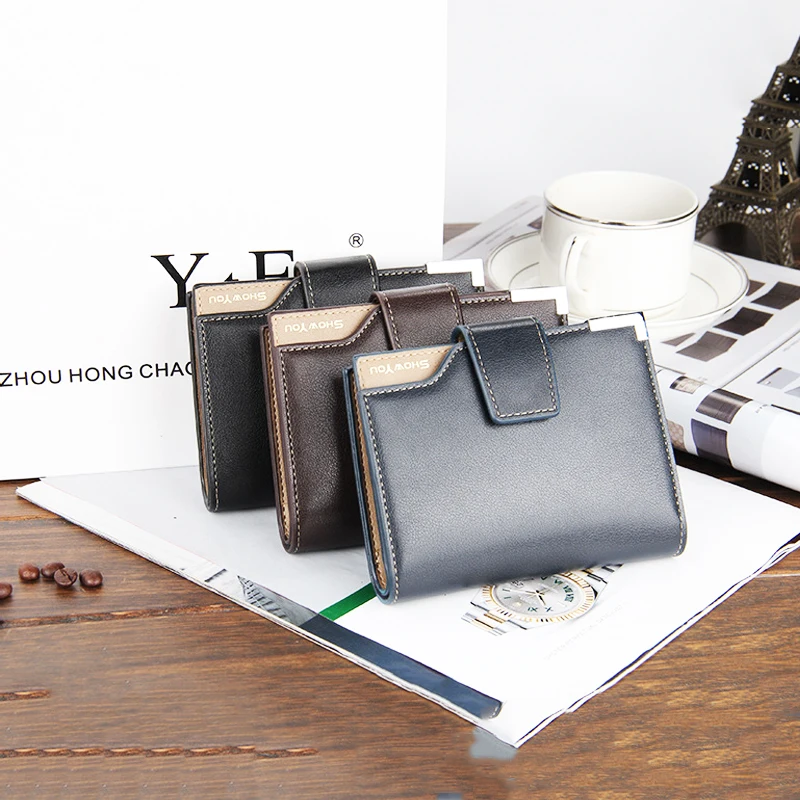 

Luxury Men Short Leisure Vertical Buckle Multi-function Zipper Wallets Certificate Bag Coin Pocket Solid Casual Photo Purse Gift