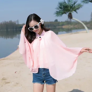 

Spring 2020 new female sun protection clothing monochrome button shawl long sleeve chiffon silk scarf versatile scarf