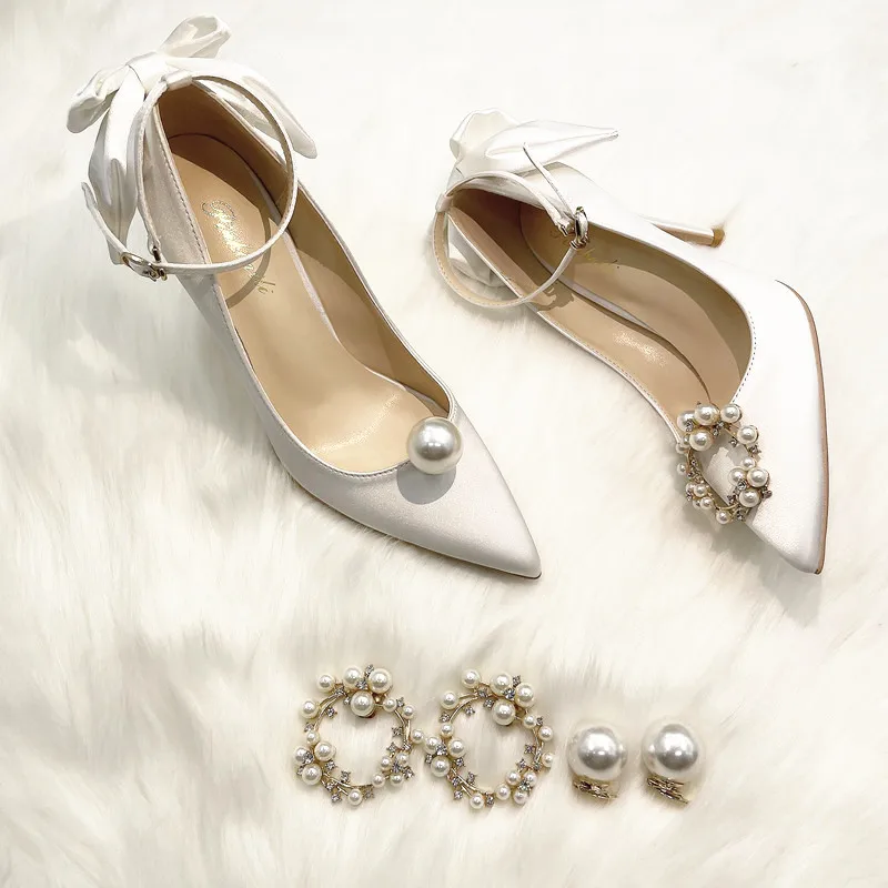 

Spring pointed white pearl buckle bow stiletto high-heeled silk bridal wedding shoes banquet dress all-match women's shoes