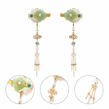 

1 Pair Chinese HairWear Antique Han Side Clip Jade Pearl Hair Clip Headwear Long Tassel Side Clip for Shopping