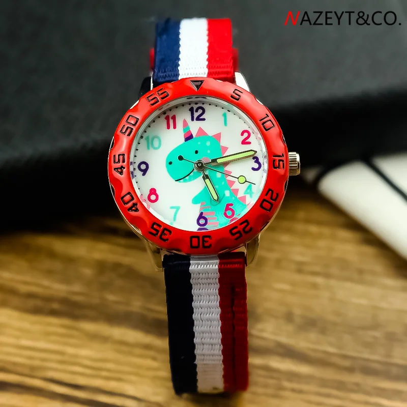 

free shipping boys cute cartoon dinosaur dial 3D nylon watch little children girls luminous hands quartz wristwatch kids clock