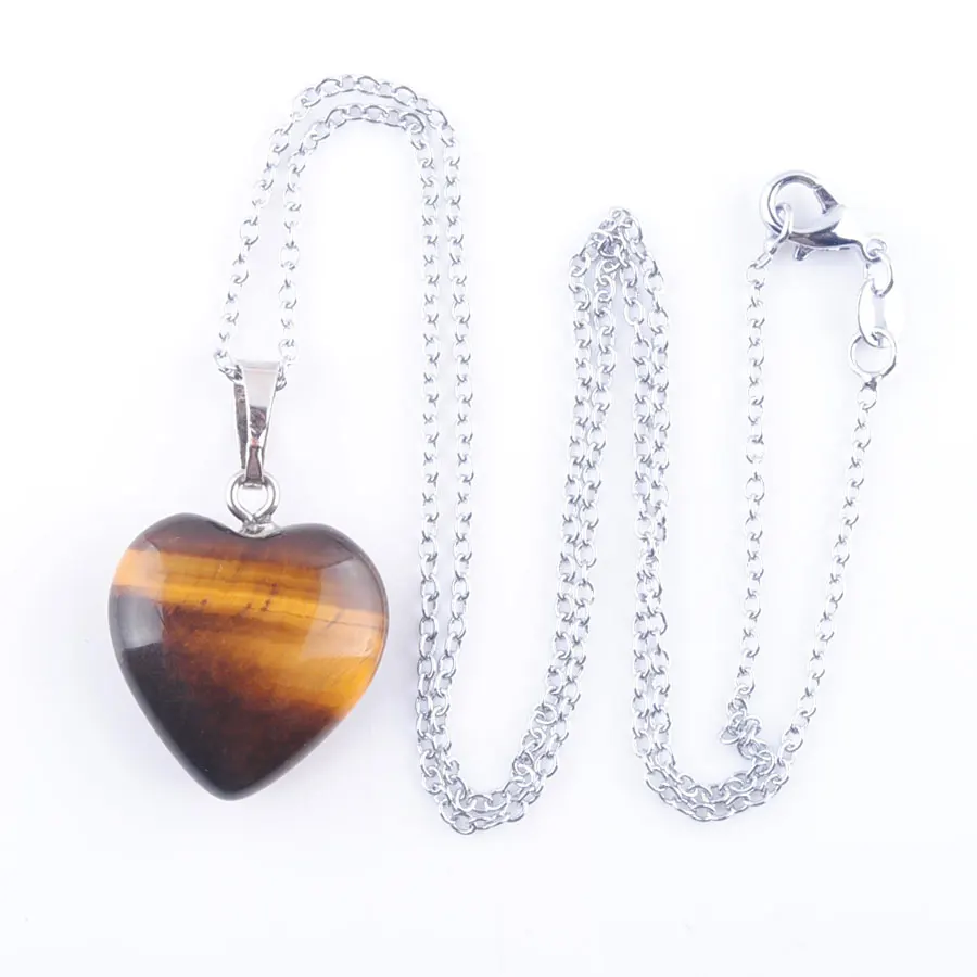 Tigers Eye Necklace Натуральный тигровый глаз Агаты драгоценные камни, бусины сердце посеребренные Рейки чакра кулон ожерелье 18 дюймов WOJIAER PBN345 - Окраска металла: Tigers Eye Necklace