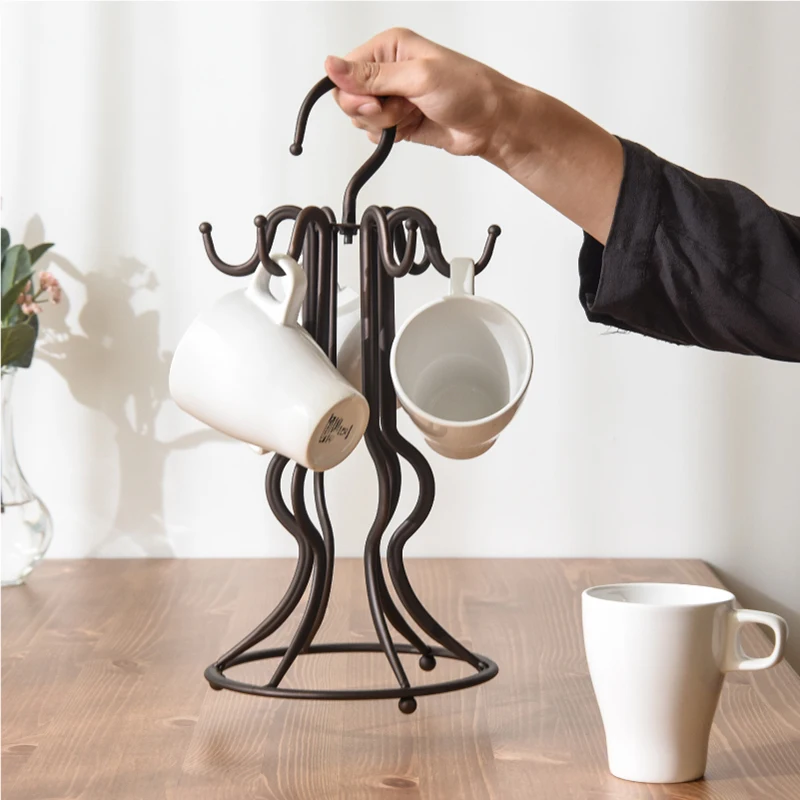 

6 Arm Brown Metal Mug Stand, 14" Tall, Vintage Kitchen Accessory