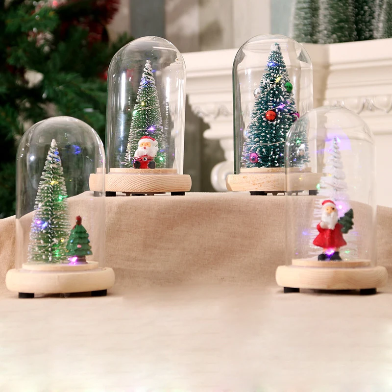 

DIY LED Rose Lamps Christmas Tree In Glass Dome Wooden Base Christmas Festive Indoor Room Ornaments for Valentine's Gifts