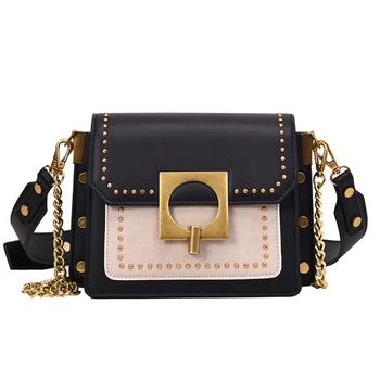 

Vintage Designer Patchwork PU Leather Handbags Women High Quality Rivet Suede Bag Nubuck Chains Leather Shoulder Bag Casual Cros