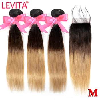 

1B/4/27 honey blonde Ombre Bundles With Closure Brazilian straight Human Hair weave 3 Bundles With Closure Non-Remy LEVITA