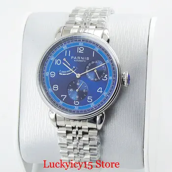 

Luxury PARNIS 42mm Mechanical Wristwatch Power Reserve Indicator Date Automatic Movement Mental Bracelet