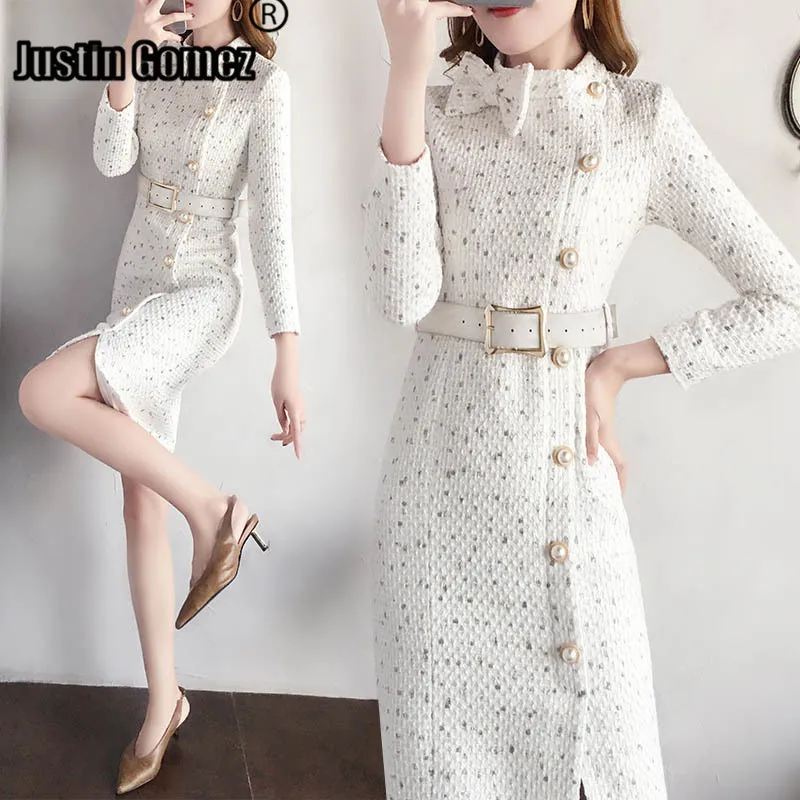 

Oblique Button Slim White Woolen Women Dresses With Belt Fitting Bow Neckline Ladies Dresses Sexy Autumn Winter Lady Dresses