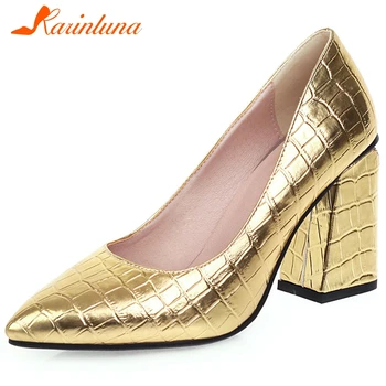 

KARINLUNA Fashion Lady Party Club Casual Pumps Square Heels Pointed Toe Shallow Spring Summer Pumps Women Metallic Shoes Woman
